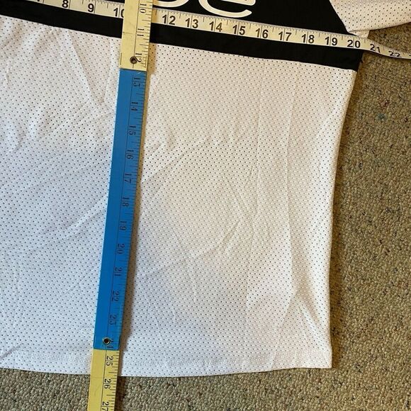 Y2K Bebe Sport Womens L Mesh Jersey White Black Shirt Striped Teamfree Short Slv - Picture 2 of 7